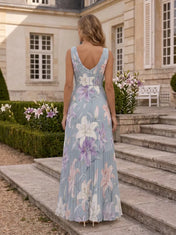 V-Neck Pleated Floral Print Chiffon A-Line Evening Dress
