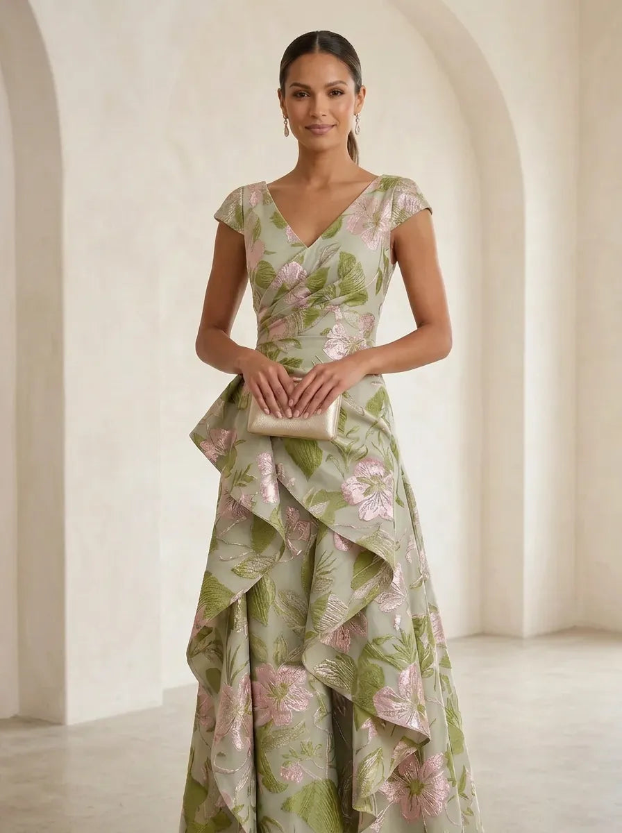 Cap-Sleeve Jacquard Asymmetric Ruffle Long Mother Of The Bride Dresses