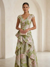 Cap-Sleeve Jacquard Asymmetric Ruffle Long Mother Of The Bride Dresses