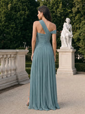 One-Shoulder Beaded Pleated A-Line Evening Dress