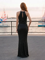 Black Halter Neck Keyhole Shimmer Sleeveless Long Evening Dress
