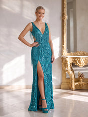 Plunging V-Neck Beaded Fringe Backless Column Prom Dress with High Slit