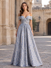 Off-the-Shoulder Draped Brocade A-Line Evening Dress