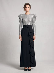 Puff-Sleeve Sequin Bodice Column Evening Dress with Cascading Side Ruffle