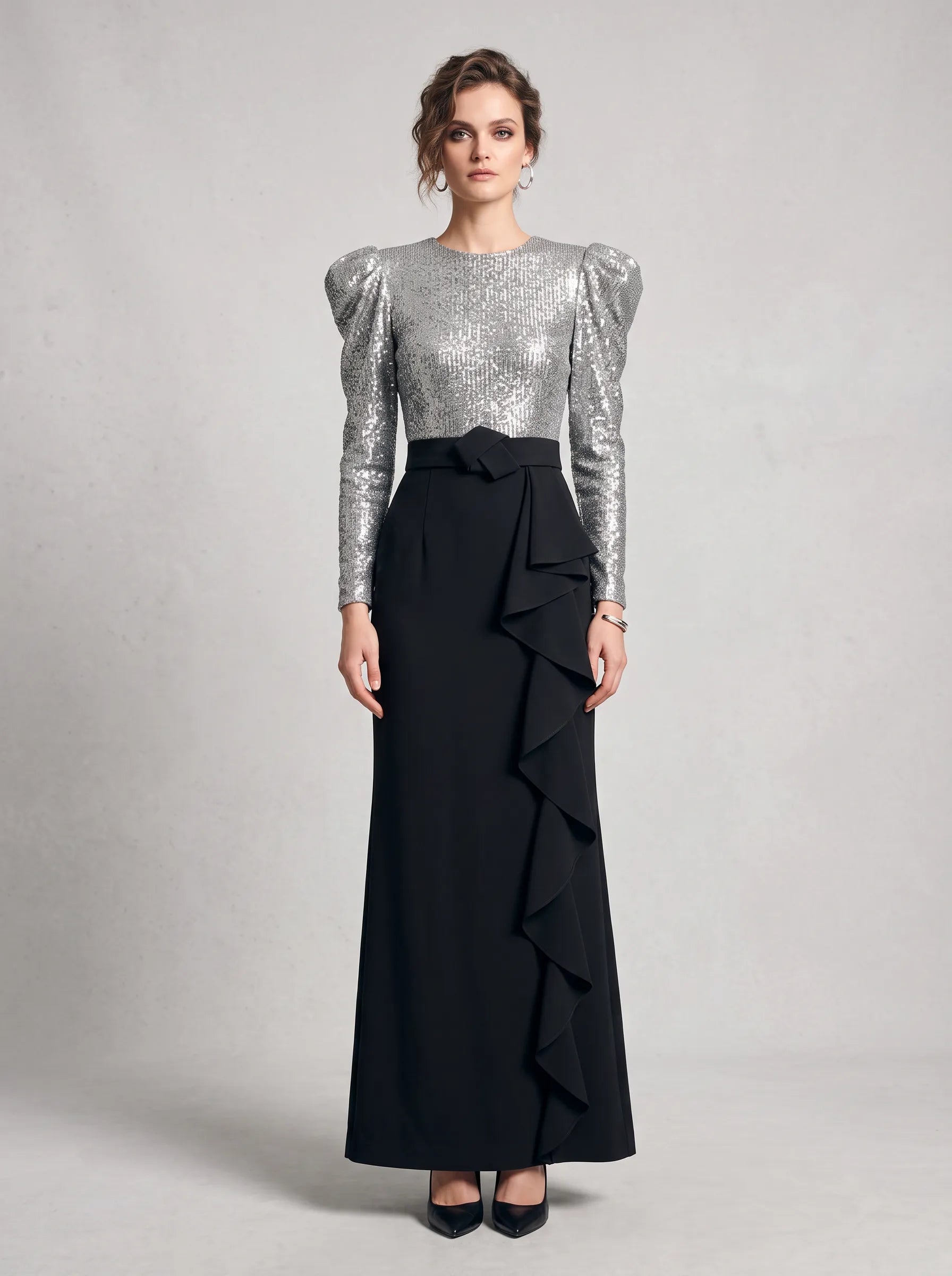 Puff-Sleeve Sequin Bodice Column Evening Dress with Cascading Side Ruffle