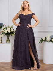 A-line Off the Shoulder Floor-Length Sequin Lace Evening Dress