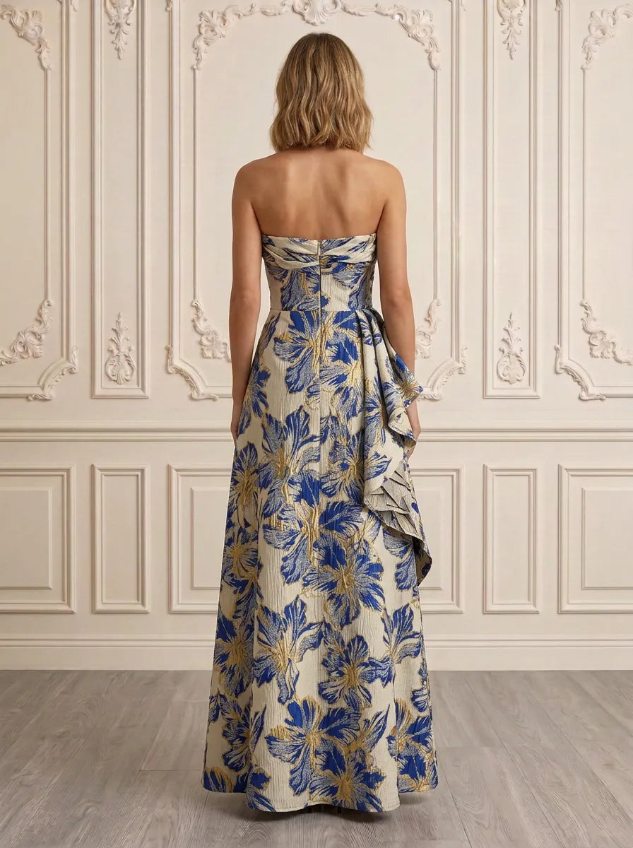 Elegant Strapless Floral Metallic Brocade Sleeveless Evening Dress