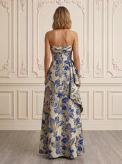 Elegant Strapless Floral Metallic Brocade Sleeveless Evening Dress