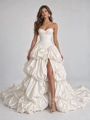 Strapless Sweetheart Tiered Bubble Satin Ball Gown Wedding Dress with High Slit