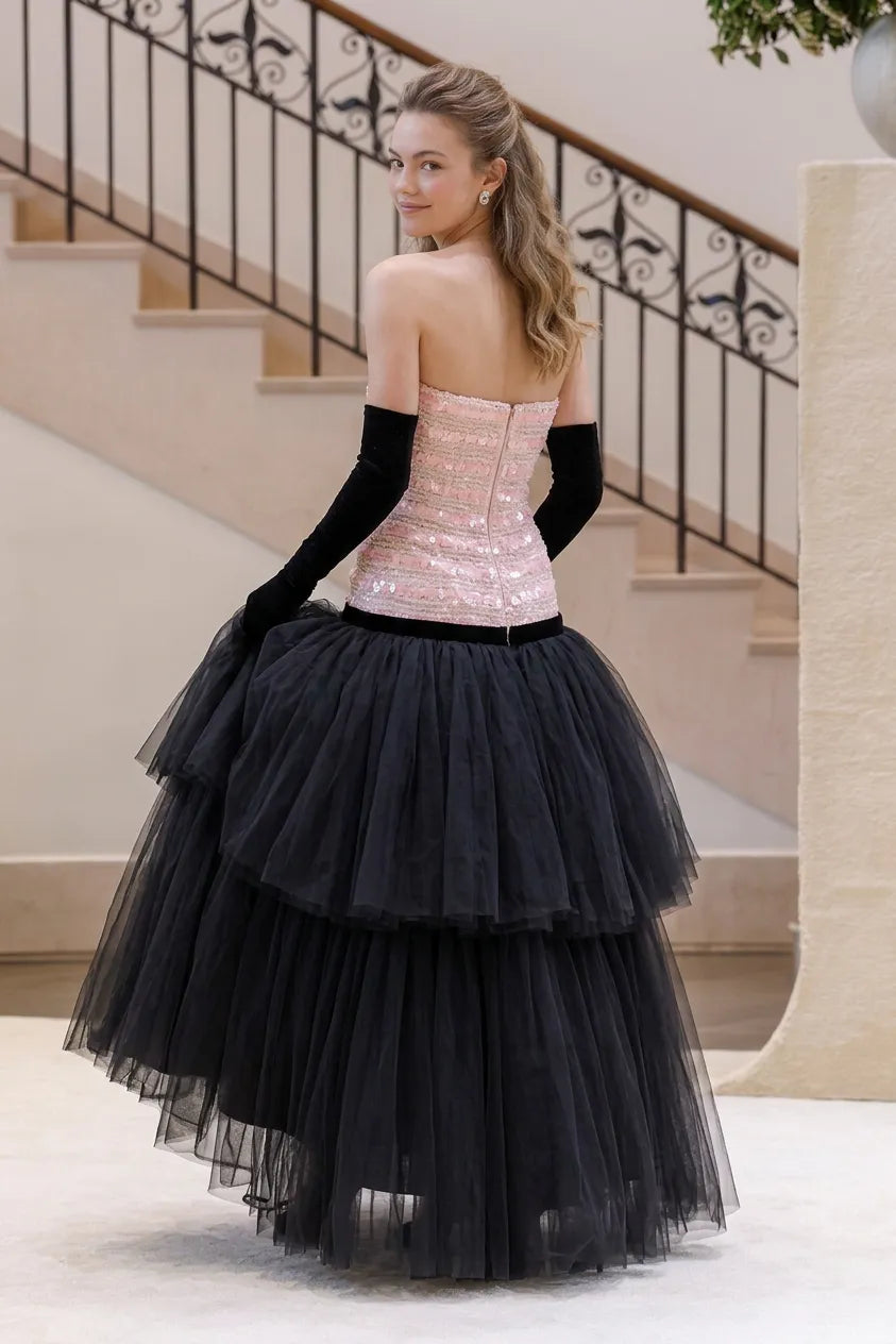 Pink and Black Strapless Sequin Tiered Tulle Evening Dress