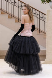 Pink and Black Strapless Sequin Tiered Tulle Evening Dress