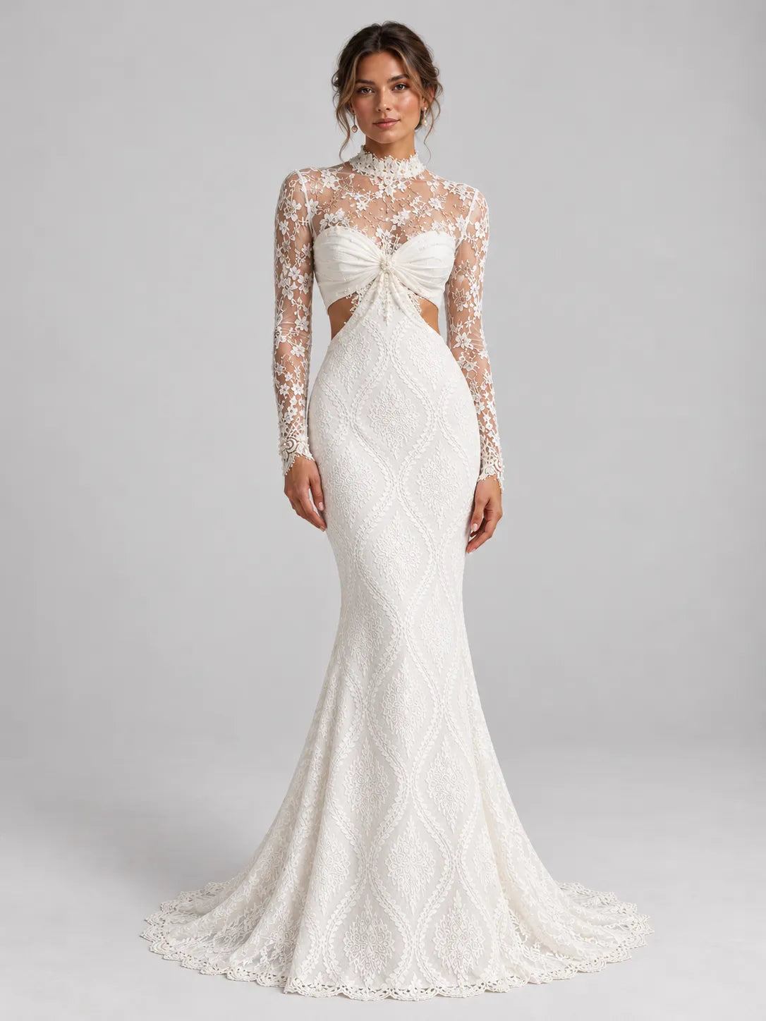 High-Neck Long-Sleeve Lace Mermaid Wedding Dress with Cutouts