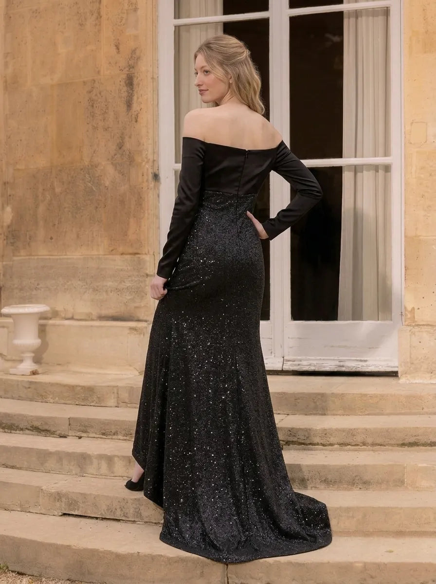 Black Off-the-Shoulder Long-Sleeve Glitter Evening Dress with Keyhole Brooch