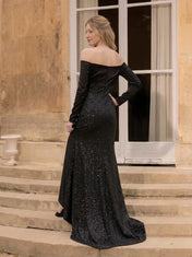 Black Off-the-Shoulder Long-Sleeve Glitter Evening Dress with Keyhole Brooch