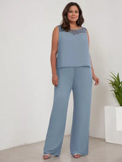 Chiffon Scoop Long Sleeves Mother Of The Bride Pantsuits With Jacket