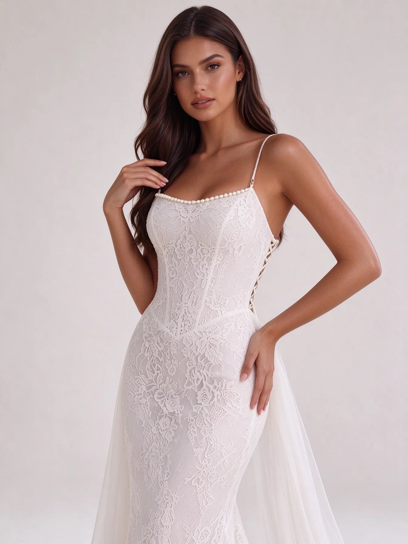 Pearl-Trimmed Lace Corset Mermaid Bridal Gown Wedding Dress with Flowing Train