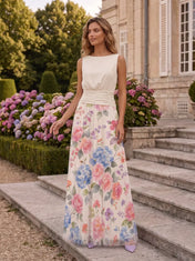 Boat-Neck Ruched Waist Floral Print Tulle A-Line Evening Dress