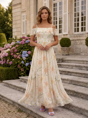 Off-Shoulder Ruffle Floral Chiffon A-Line Maxi Dress Evening Dress