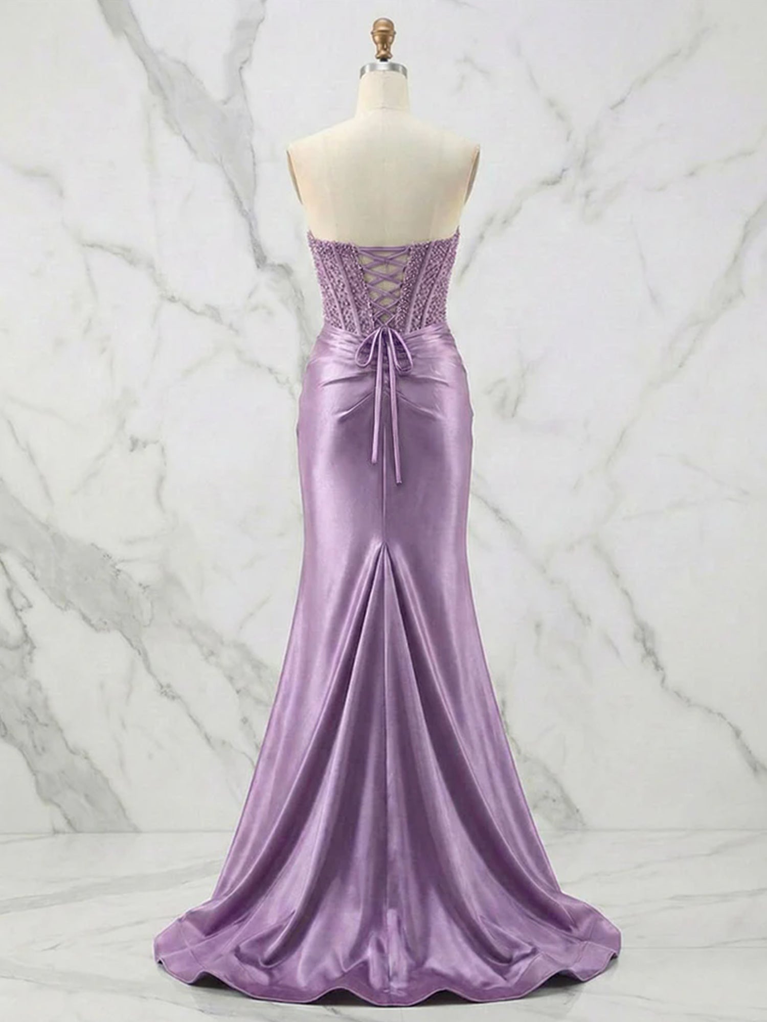 Glamorous Strapless Beaded Corset Satin Prom Dress with Slit