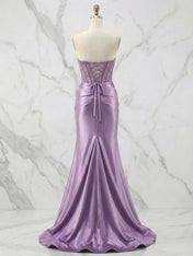 Glamorous Strapless Beaded Corset Satin Prom Dress with Slit