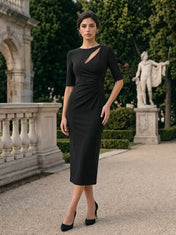 Black Keyhole Cutout Half-Sleeve Midi Evening Dress