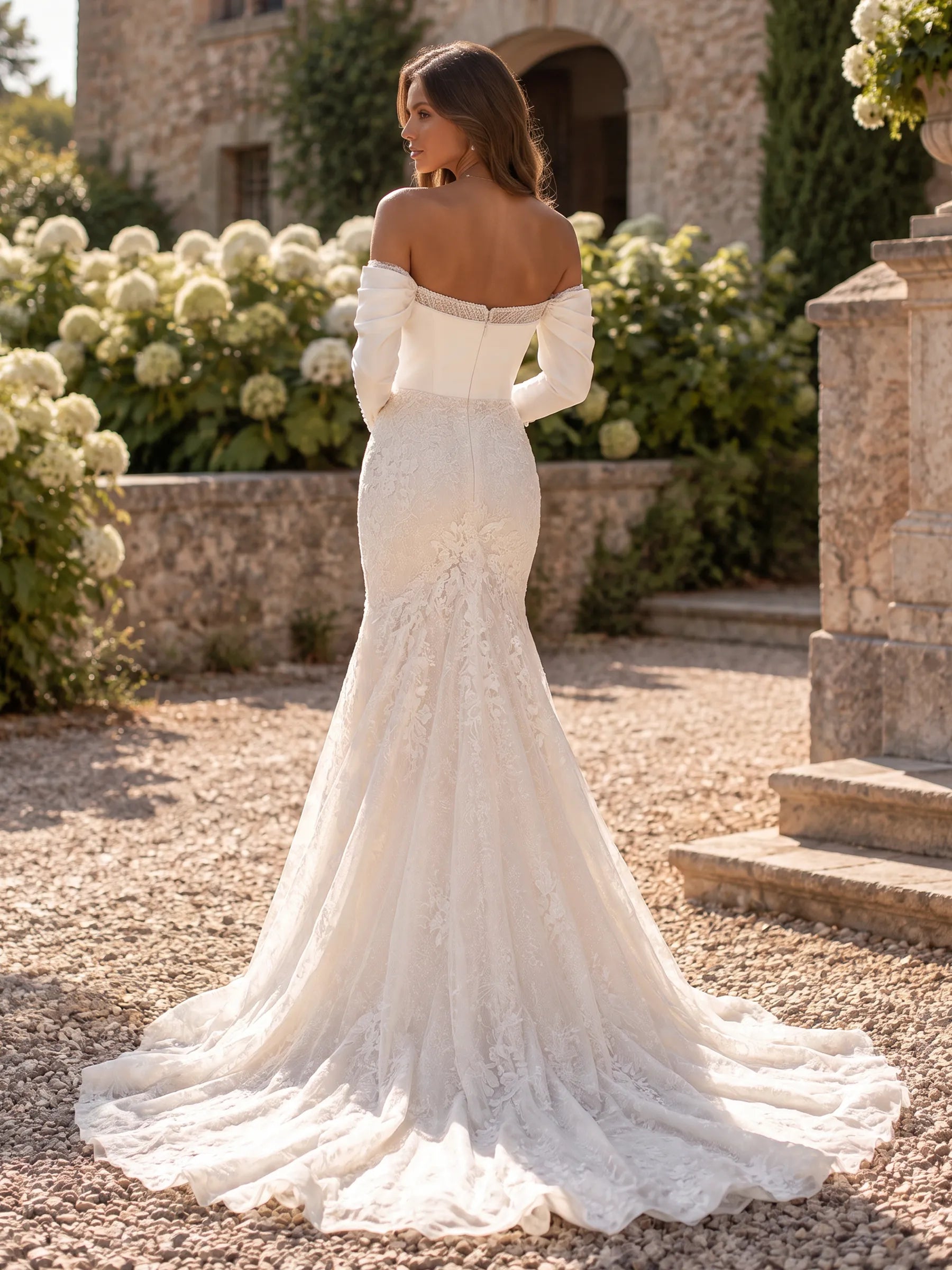 Off-the-Shoulder Satin and Lace Mermaid Wedding Dress