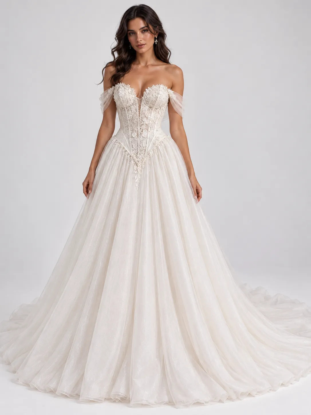 Off-the-Shoulder Lace Appliqué Ball Gown Wedding Dress