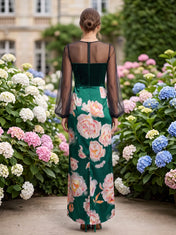 Emerald Green Floral Long-Sleeve Velvet and Satin Evening Dress