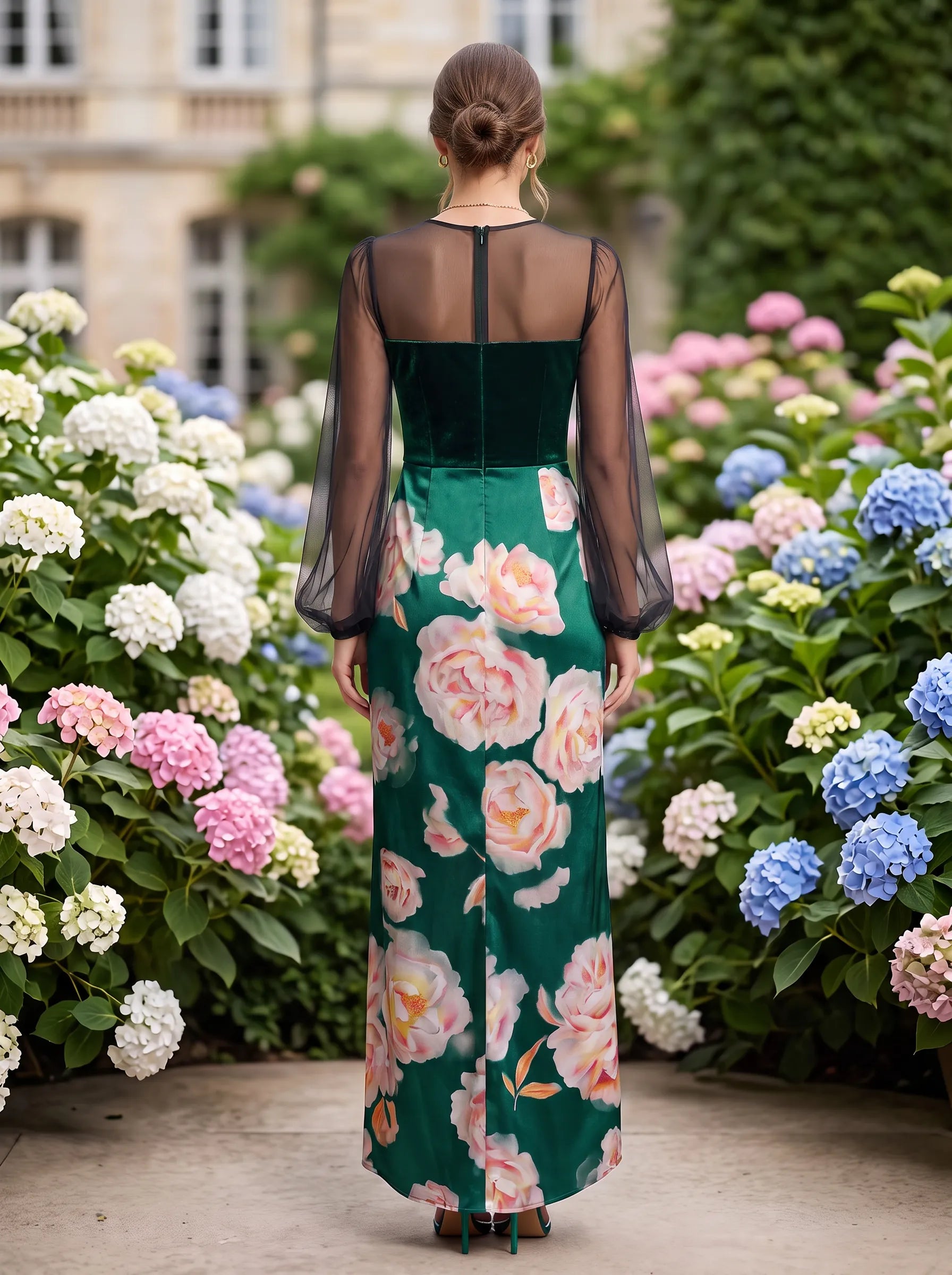 Emerald Green Floral Long-Sleeve Velvet and Satin Evening Dress
