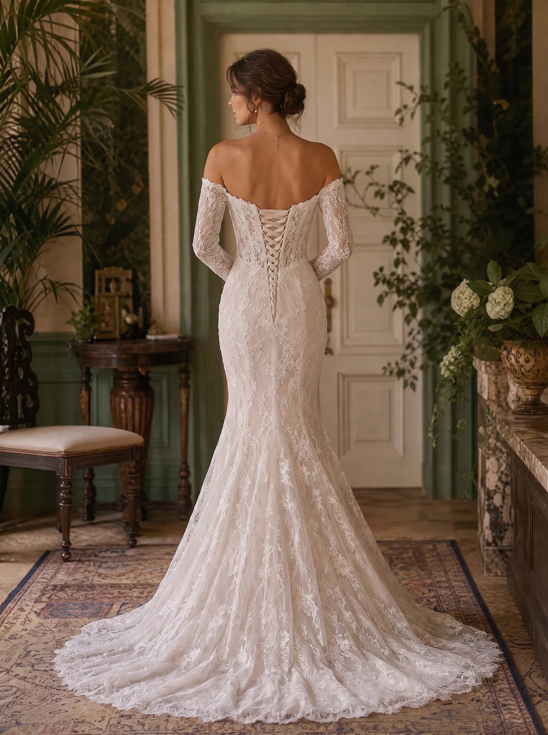Ivory Off-the-Shoulder Long-Sleeve Lace Mermaid Wedding Dress