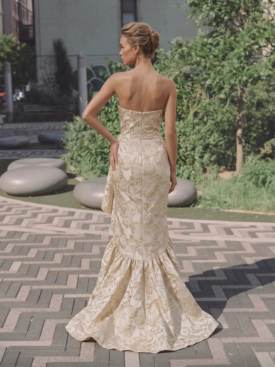 Strapless Sweetheart Gold Floral Brocade Mermaid Evening Dress