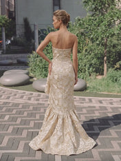 Strapless Sweetheart Gold Floral Brocade Mermaid Evening Dress