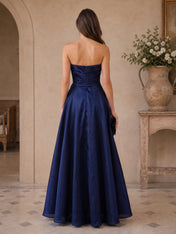 Navy Blue Strapless Pleated Ruffled A-Line Evening Dress