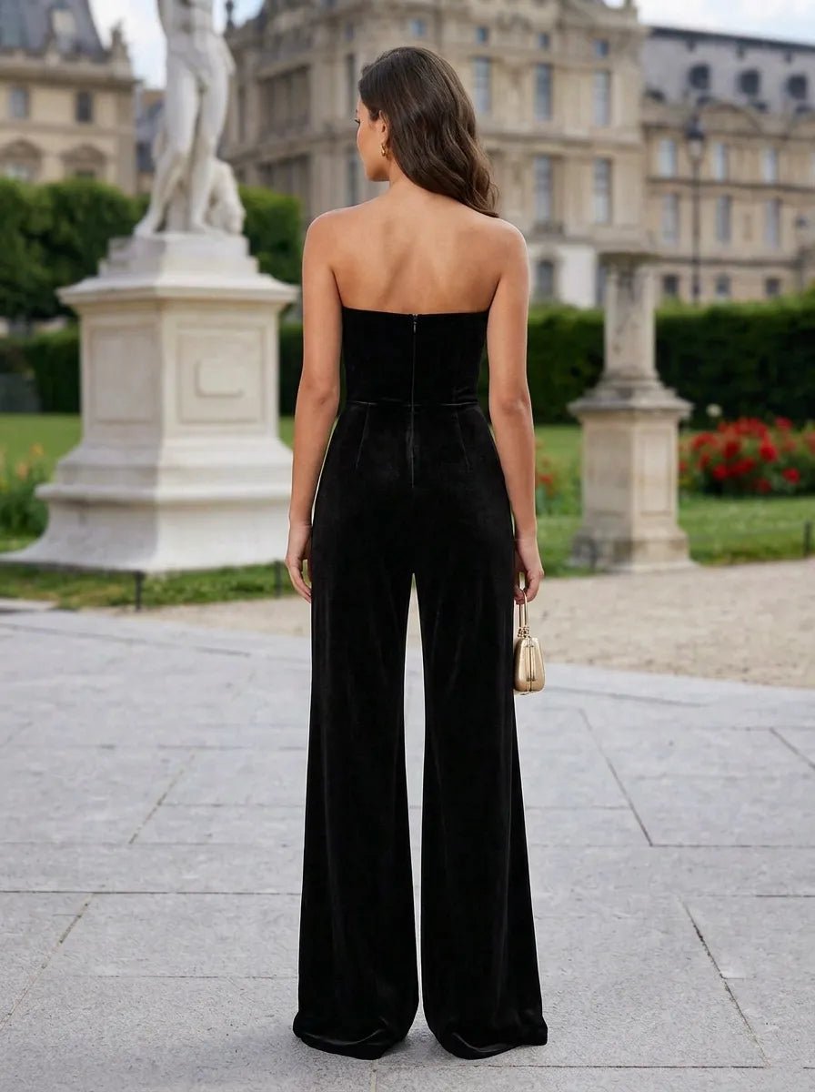 Strapless Contrast Trim Velvet Jumpsuit