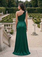 Emerald Green One-Shoulder Floral Applique Satin Evening Dress