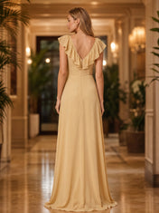 Warm Champagne Ruffled V-Neck A-Line Evening Dress