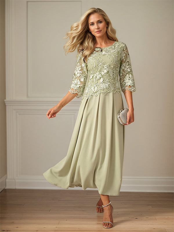 Crew Neck  A Line Ruffle Ruched Lace Maxi Dress Mother Of The Bride Dress