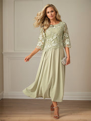 Crew Neck  A Line Ruffle Ruched Lace Maxi Dress Mother Of The Bride Dress