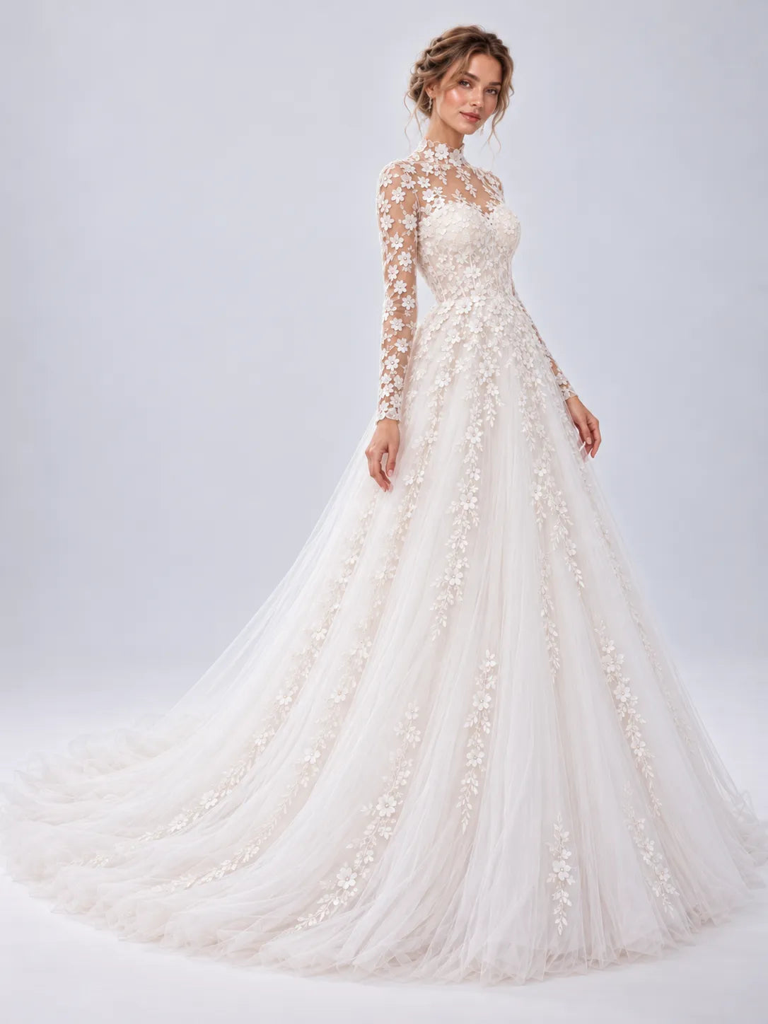 High-Neck Long-Sleeve Floral Applique Ball Gown Wedding Dress