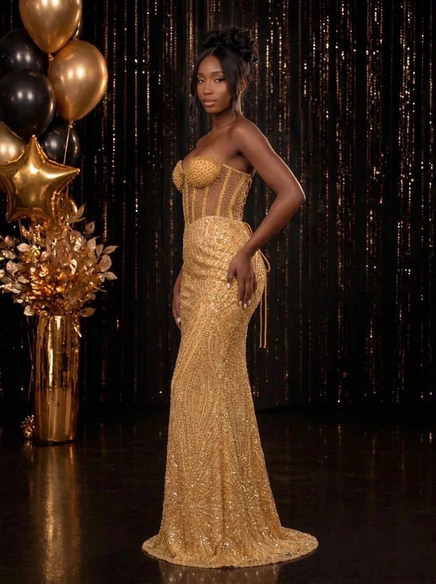 Strapless Sequin-Embellished Mermaid Prom Dress