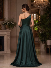 Emerald Green One-Shoulder Satin Evening Dress with Bow Detail