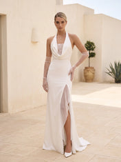 Halter Cowl-Neck Lace-Panel Crepe Column Wedding Dress with High Slit and Opera Gloves