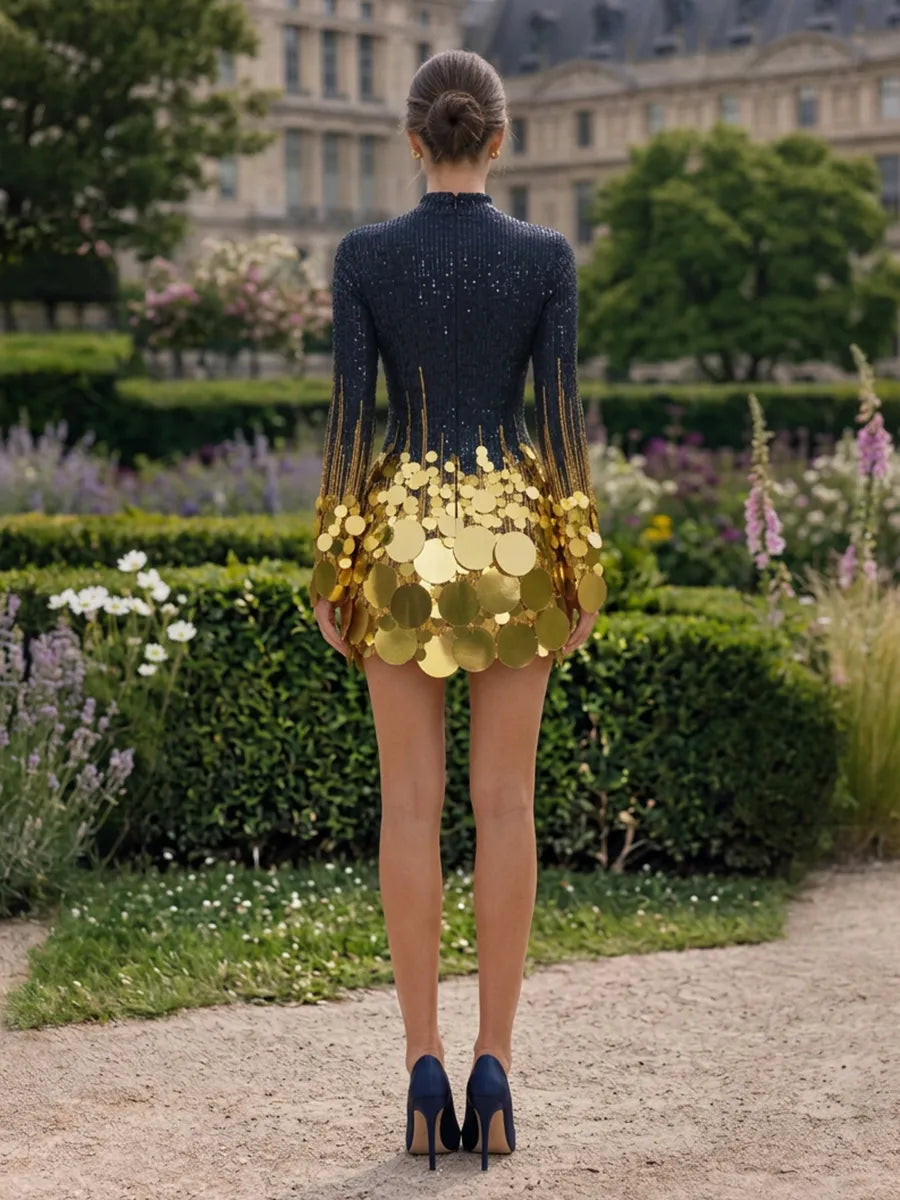 Navy Blue and Gold Sequin High-Neck Mini Dress