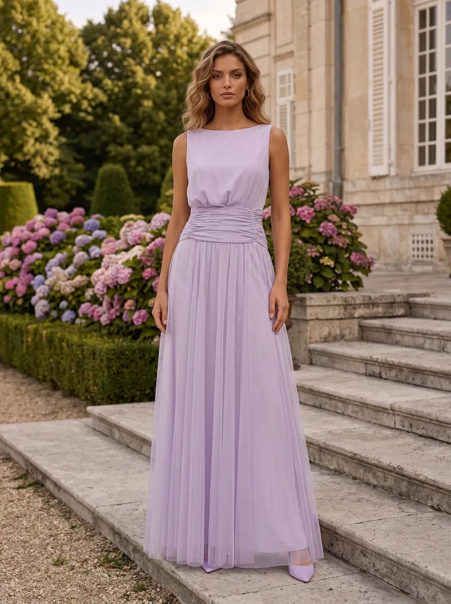 Boat-Neck Ruched Waist Tulle A-Line Evening Dress