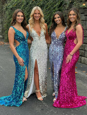 Mermaid V-Neck Backless Long Tight Sequin Prom Dress