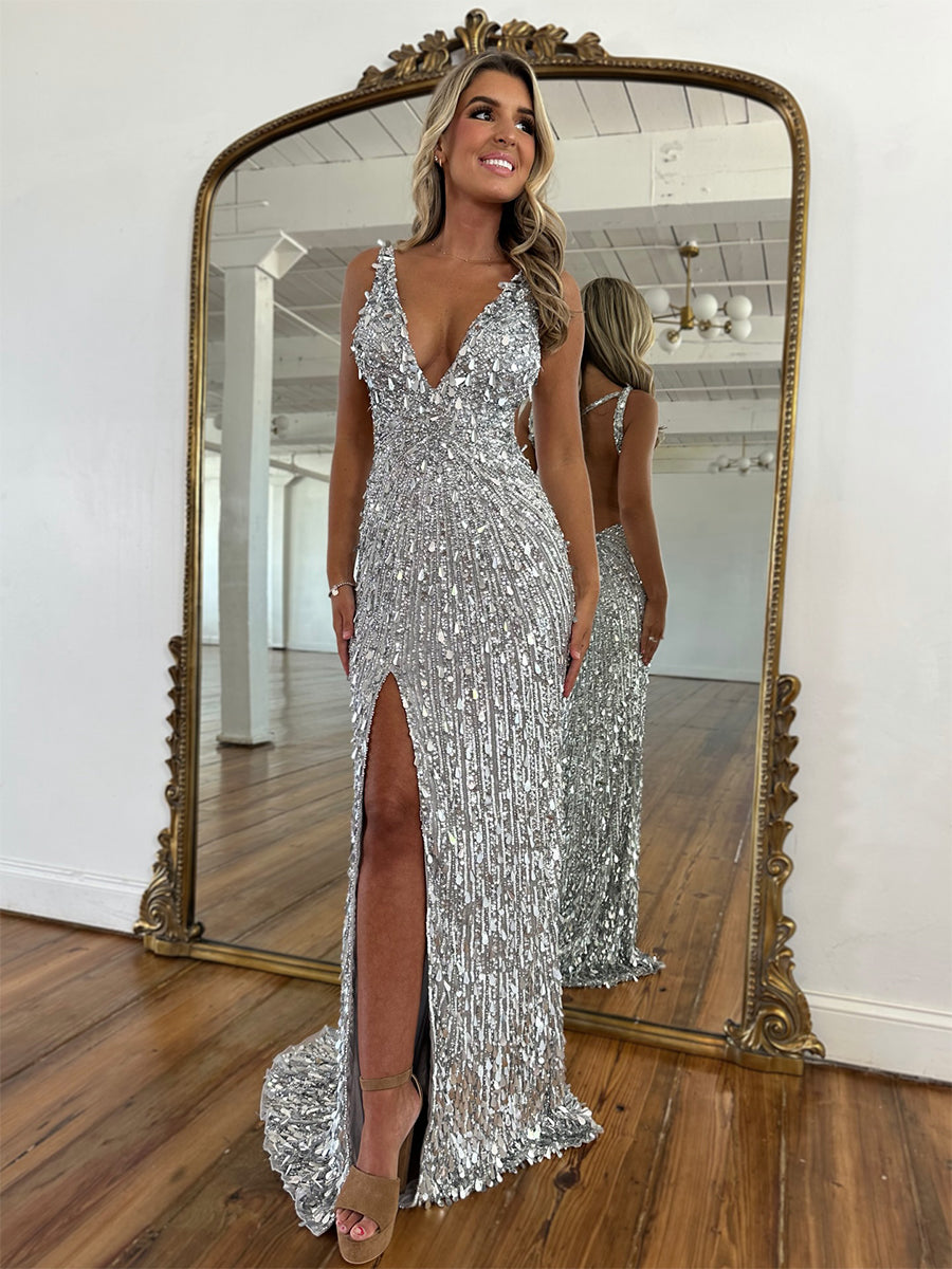 Mermaid V-Neck Backless Long Tight Sequin Prom Dress
