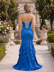 Halter Beaded-Corset Mermaid Satin Prom Dress with Ruffled Hem