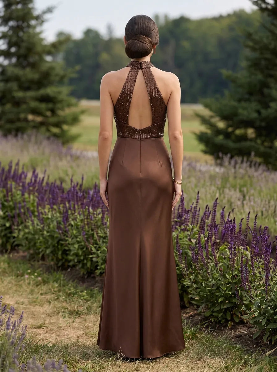 Halter Sequin Bodice Satin Column Evening Dress with 3D Rosette Accents