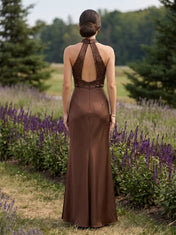 Halter Sequin Bodice Satin Column Evening Dress with 3D Rosette Accents