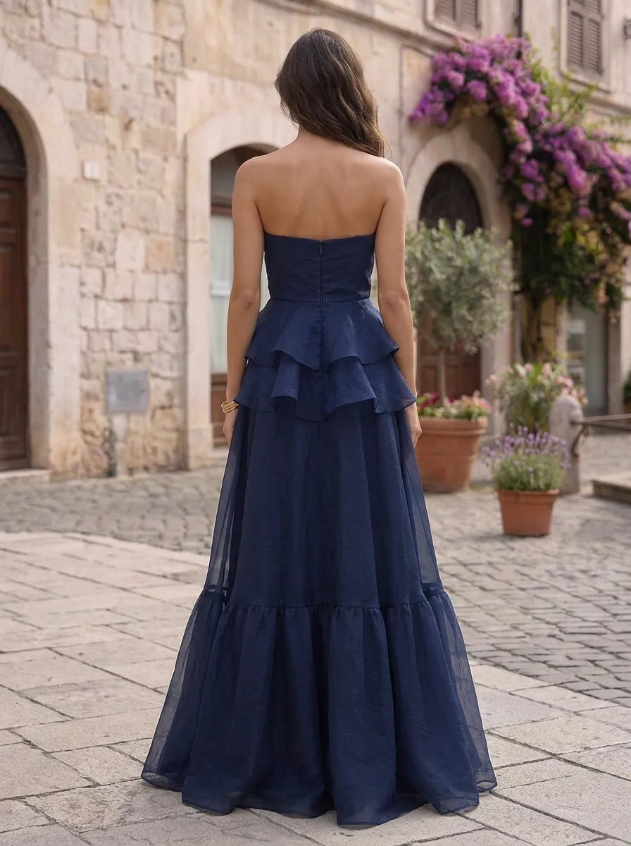 Strapless Navy Blue Organza Evening Dress with 3D Rose Accent